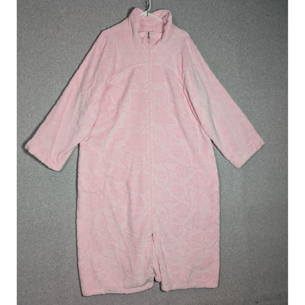 Miss Elaine Zip Front Robe 3X Pink Plush Floral Loungewear Pastel Housecoat